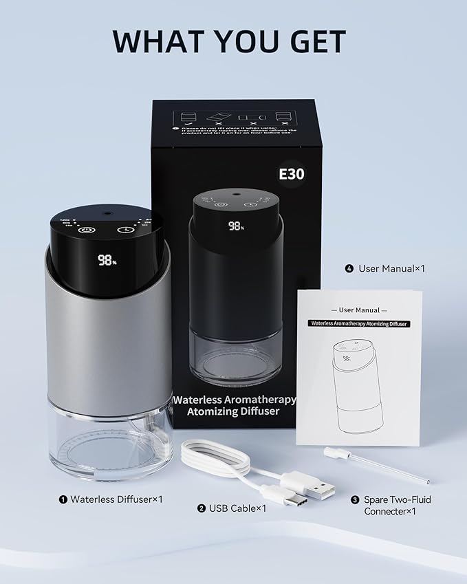 Waterless Essential Oil Diffuser Aromatherapy Scent Diffusers for Home Large Room, Car, Office, Desk, Mini Battery Operated Cordless Air Freshener, 4 Timers & 3 Mist Levels, 100ml Capacity (Silver)