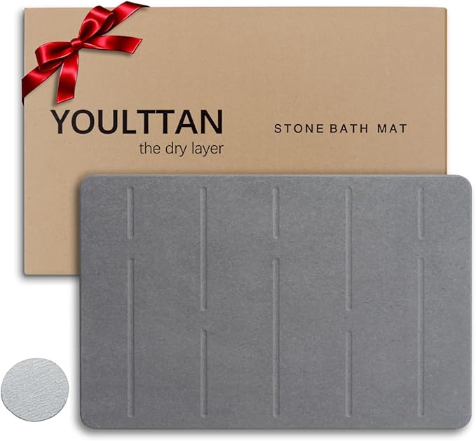Stone Bath Mat 24"x16" - Diatomaceous Earth Shower Mat, Quick Dry, Anti-Slip, Modern Design with Bonus Non-Slip Pad - Perfect for Home Safety and Style,Gray,Straight