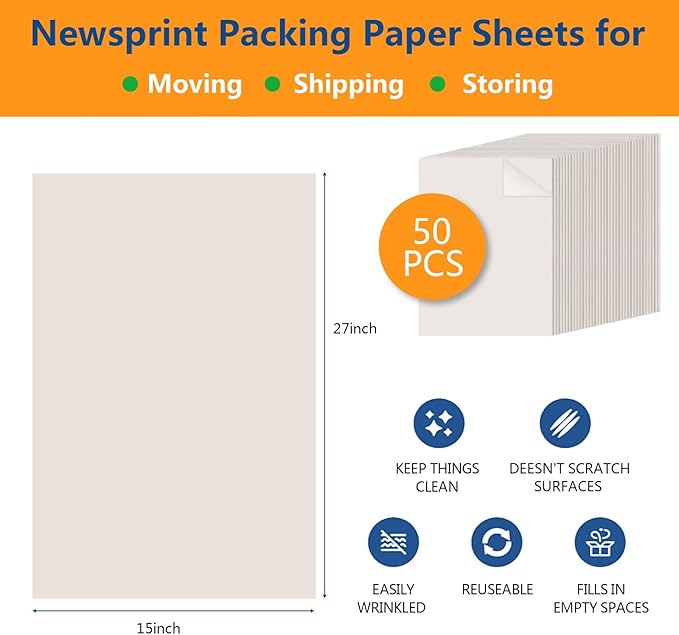 50 SHEETS 27”x15” Packing Paper Sheet for Moving Shipping Wrapping Packing Box Newsprint Paper Moving Paper Moving Supplies Protecting Fragile Items Glass China Dishes Packing (50SHEETS)