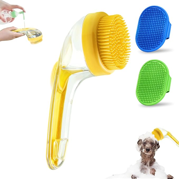 3Pcs Pet Bath Brush,Dog Scrubber for Bath,2 in 1 Dog Bath Brush, Dog Scrubber with Built-in Shampoo Dispenser,Grooming Massage Brush for Long Short Haired Dogs Cats Shower Supplies Set
