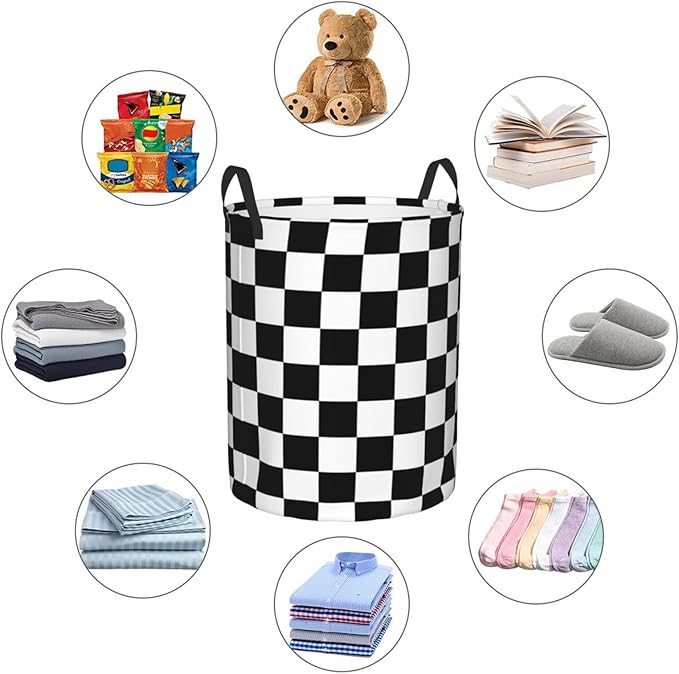 Black And White Plaid Racing Pattern Laundry Hamper Bag With Waterproof Liner - Checkered Race Flag Round Laundry Basket Foldable Clothes Storage Organizer For Bathroom Bedroom Nursery Dorm, M