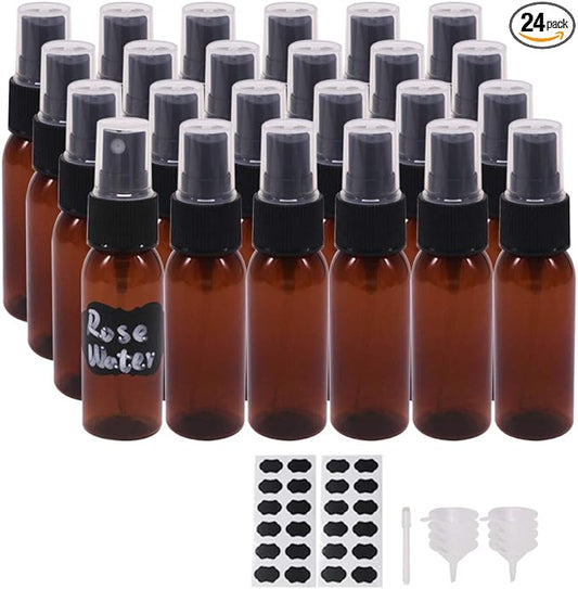 1 oz 24 Pack Amber Plastic Spray Bottles for Essential Oil, Perfume, Aromatherapy, Alcohol, Travel Bottles With Fine Mist Sprayer, Funnel, Chalk Labels, Pen