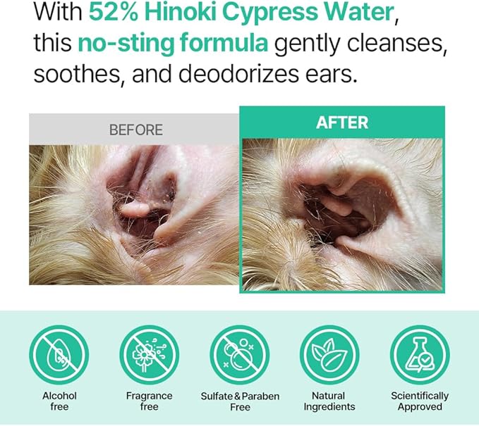 PetO’Cera CL’Ear Ear Cleaner for Dogs & Cats with 52% Hinoki Cypress Water, Cica & Heartleaf Extract, Soothes Itching, Removes Debris, Odor, Alcohol-Free, Fragrance-Free, Hypoallergenic, 4 fl oz