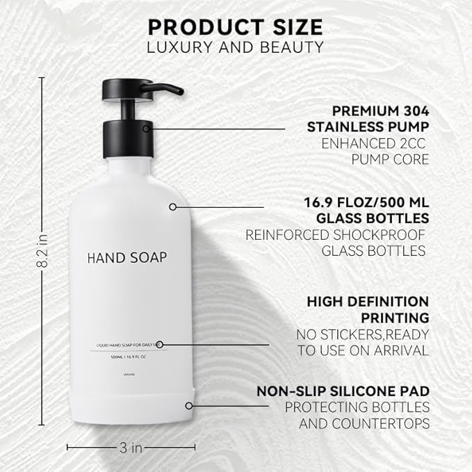 Soap Dispenser Set with Non-Slip Protective Silicone Pad, Hand Soap Dispenser for Bathroom and Kitchen Decor, White and Black Accessories (White Bottles + Black Pumps)