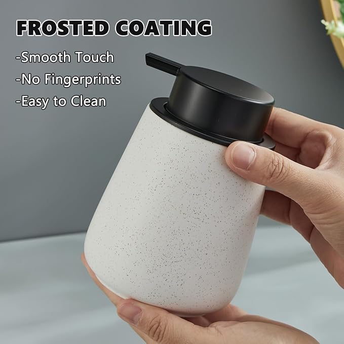 12Oz Foaming Soap Dispenser - Ceramic Foam Hand Soap Dispenser with Easy-to-Press Black Pump, Reusable and Refillable Lotion Dish Soap Dispensers for Bathroom & Kitchen, Speckled Matte White