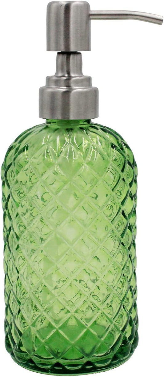 16 Oz Soap Dispenser with 304 Rustproof Stainless Steel Pump, Kitchen, Bathroom Soap Dispenser， Refillable Liquid Glass Soap Dispenser for Hand Soap, Soap, Lotion. (Green)
