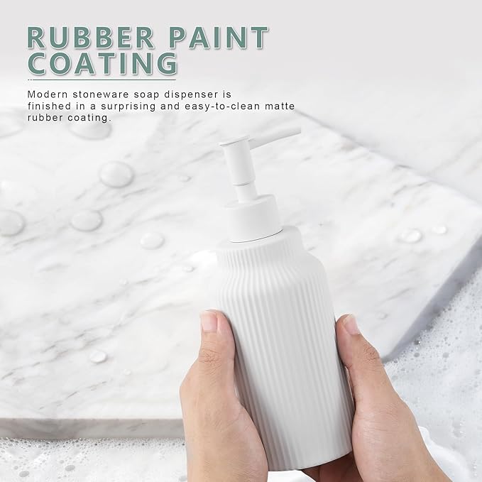 Modern Ceramic Soap Dispenser for Bathroom，14oz Ceramic Soft Touch Hand Lotion Dispenser with Pump，Liquid soap Dispenser for Kitchen Rubber Paint (White)