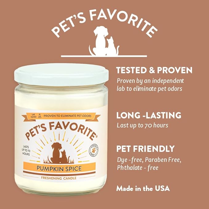 Pet's Favorite Plant Based Air Freshener Candles, Clean Burning Pet Friendly Candles with a 70 Hour Burn Time, Pumpkin Spice