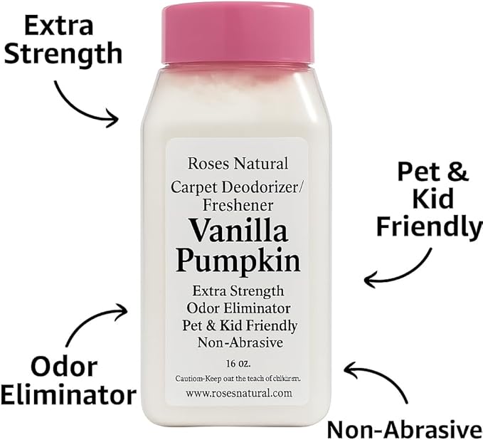 Carpet Deodorizer Powder – Vanilla Pumpkin Scent, Extra Strength Odor Eliminator, Pet & Kid Friendly, Non-Toxic, 16 oz
