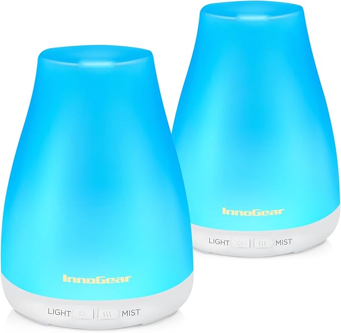 InnoGear Essential Oil Diffuser, 2 Pack Premium 5-in-1 Aromatherapy Humidifiers Aroma Scent Air Defuser for Home Large Room Bedroom Desk Office 7 Color LED 2 Mist Mode Waterless Auto Off, Basic White