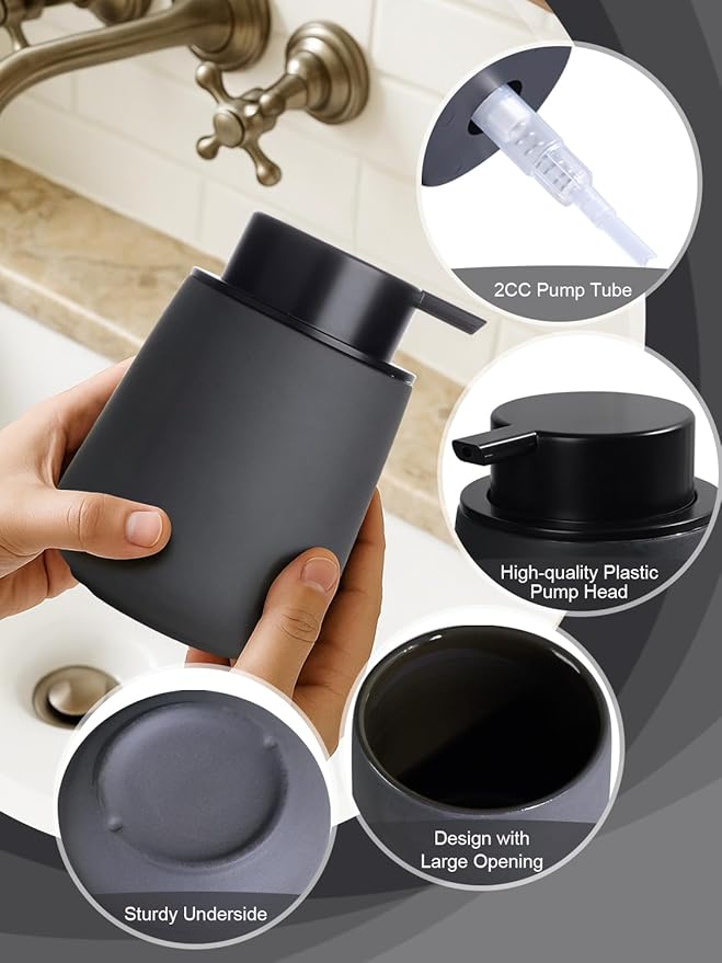 INGOFIN Ceramic Lotion Dispenser - 12oz Refillable Hand Soap Dispenser Bathroom, Modern Liquid Soap Dispenser with Pump, Dish Dispenser for Kitchen, Matte Grey