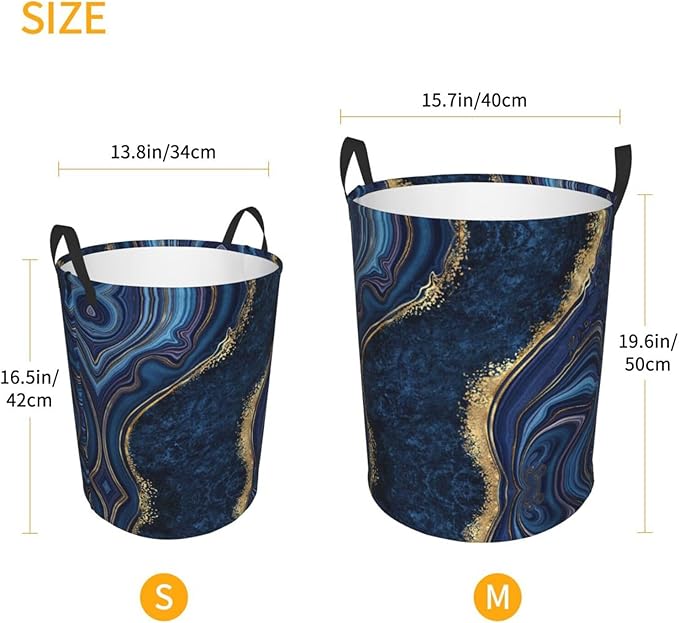 Blue Marble Print Laundry Hamper Bag With Waterproof Liner - Round Laundry Basket Foldable Clothes Storage Organizer For Bathroom Bedroom Nursery Dorm, M-19.6"X 15.7"