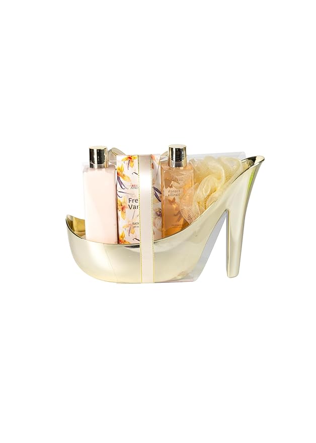 Freida & Joe Elegant 9-Piece Bath Set in High Heel Shoe – Luxurious Spa Gift Basket for Women, Includes Shower Gel, Body Lotion, Bath Salts, Soap Flowers, Bath Fizzer & Sponge (French Vanilla)