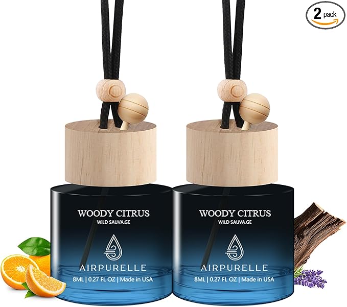 Car Air Freshener Hanging 2 Pack A ir Fresheners Diffuser - Woody Citrus Fragrance Oil Air Diffuser for Car, 45+ days Long Lasting Fragrance, Two 0.27 FL OZ/8ML Made in USA