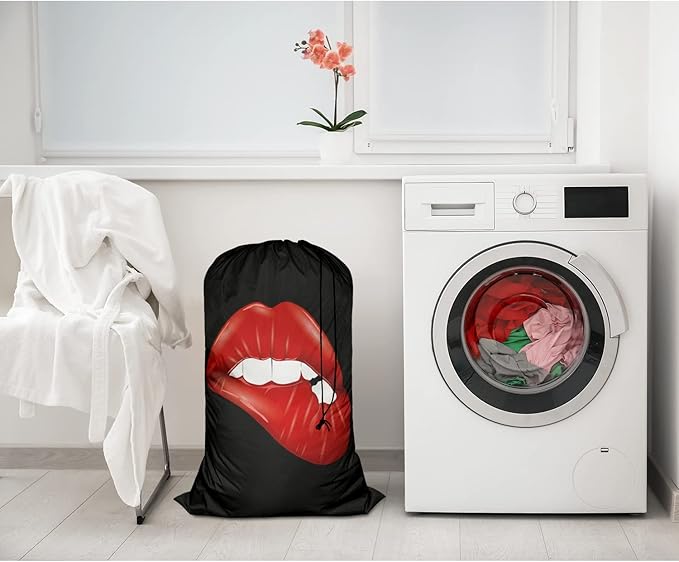 Swono Sexy Red Lip Laundry Bags With Drawstring XL Travel Storage Bags 28"x40", Heavy Duty Multi Use, White Teeth Washable Dirty Clothes Organizer, Easy Fits Laundry Hamper Basket, Oxford Cloth, Black