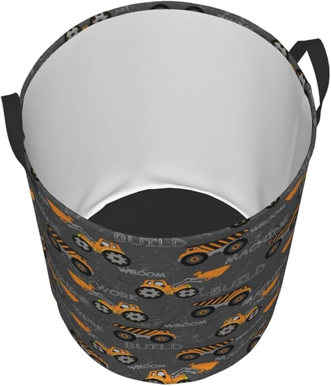 Cute Excavator Engineering Vehicle Laundry Hamper Bag With Waterproof Liner - Round Laundry Basket Foldable Clothes Storage Organizer For Bathroom Bedroom Nursery Dorm, M-19.6"X 15.7"