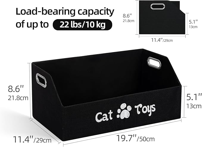 Cat Toy Basket, Kitten Toys Storage Organizer Foldable Fabric Bin Pet Supplies Chest Holder Trapezoid Container with Metal Handles for Organizing Cats Clothes Accessories, Black