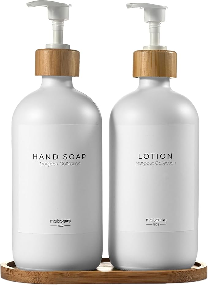 MaisoNovo Glass Soap Dispenser Bathroom Set | Hand Soap and Dish Soap Dispenser Set | 16.9oz White Bottles with White Bamboo Pump | Bathroom Lotion Dispenser with Pump Set of 2