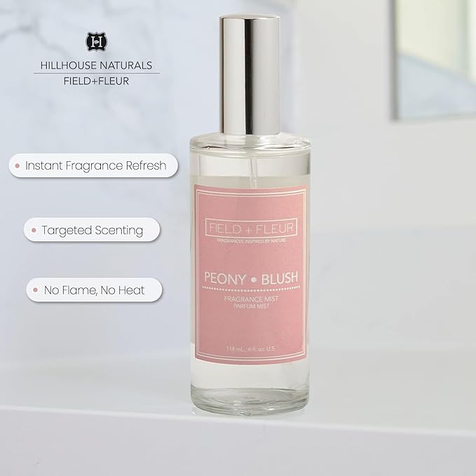 FIELD FLEUR Natural Room and Linen Spray, Non-Toxic Fragrance Mist With scents of Floral, Citrus, Aquatic Woods Notes – Long-Lasting Room Spray for Home, Bedding – Made in USA, 4oz – Peony Blush