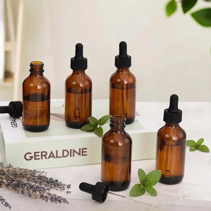 June Fox 2oz Glass Dropper Bottle, 80 Pack Amber Glass Bottles with Droppers and Black cap for Essential Oils, Lab Chemicals, Perfumes