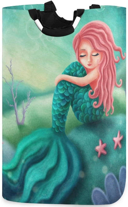 visesunny Mermaid Starfish Large Capacity Laundry Hamper Basket Water-Resistant Oxford Cloth Storage Baskets for Bedroom, Bathroom, Dorm, Kids Room