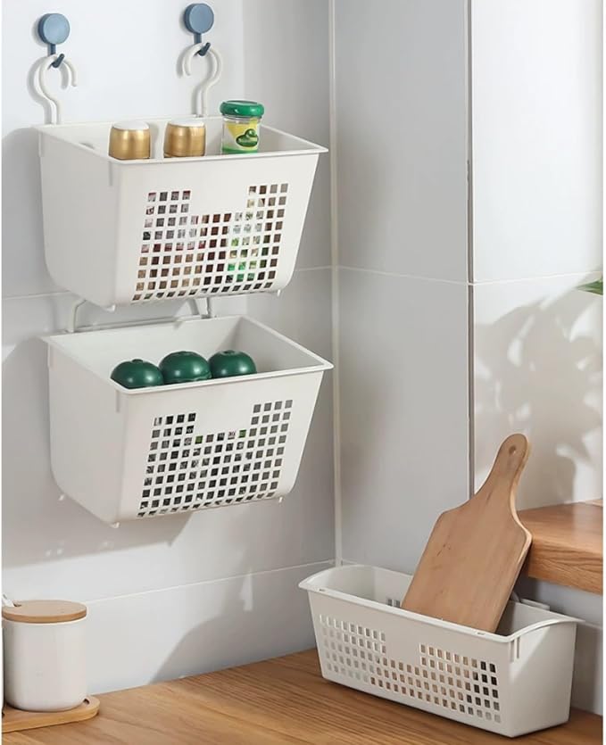 3PCS Plastic Hanging Baskets for Shower, Hanging Basket Organizer with Hooks, Rectangle 11.3Inches Small Hanging Storage Basket (Beige)