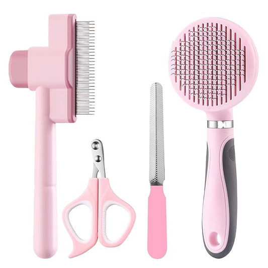 Cat Grooming Kit, 4-in-1 Cat Grooming Tools with Cats Brush, Flea Comb, Nail Clipper & Trimmer - Deshedding & Dematting for Pets Hair and Paws, Pet Shedding Set for Indoor Dogs & Cats (Pink)