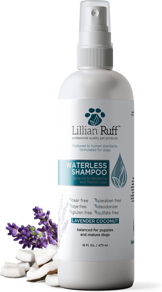 Lillian Ruff Waterless No-Rinse Dog Dry Shampoo Spray with Hydrating Essential Oils - pH-Balanced Dry Shampoo for Dogs - Clean, Condition, Detangle & Deodorize Dry, Sensitive Skin (Lavender Coconut)