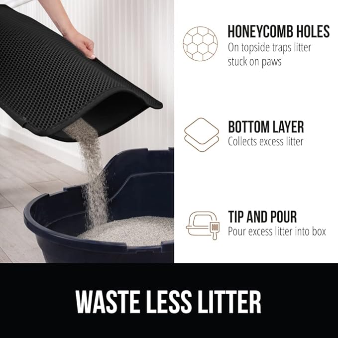 GORILLA GRIP Honeycomb Cat Litter Box Mat, Two Layer Trapping Waste Mats, Soft On Paws, Litter Box Supplies and Essentials for Indoor Cats, Traps Excess, Water Resistant for Floors, 30x24 Black