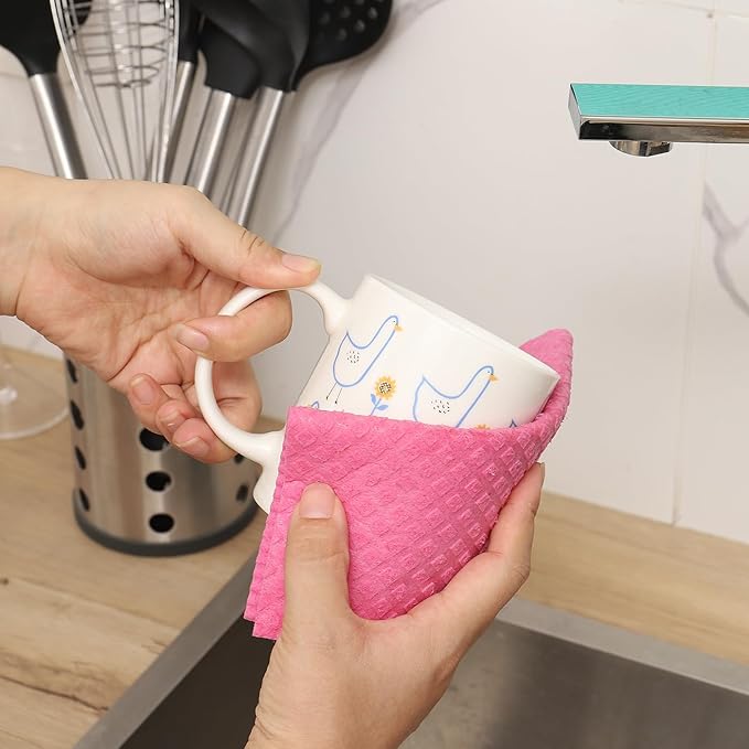 Swedish Dishcloths for Kitchen | 6 Pack Absorbent Cellulose Sponge Cloths Washable | Non-Scratch Reusable Paper Towels Quick Drying Cleaning Cloths - Pink