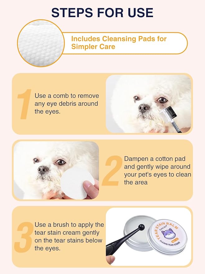Eye Lube Plus Tear Stain Remover for Dogs and Cats – Upgraded 4 in 1 Eye Cleaning Care Set [New & Improved] with Balm, Comb, Brush & Cotton Pads – Gently Helps Clean & Reduce Stains