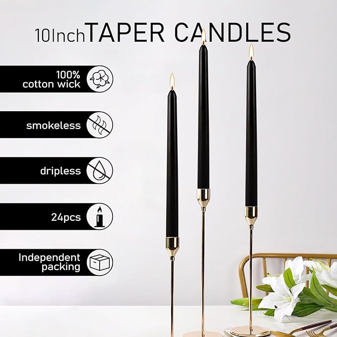 24 Pack Black Taper Candles, 7-8 Hours Burn Time, Unscented, Smokeless and Dripless, 10 Inch Dinner Candle Set for Household, Wedding, Party and Home Décor Candlesticks.