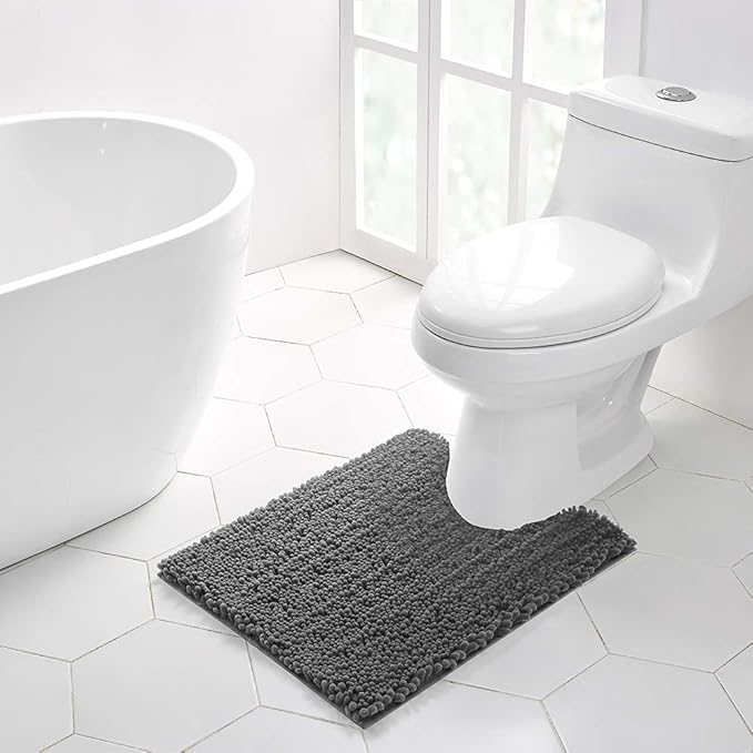 Walensee Bathroom Contour Rug Non Slip Toilet U Shaped Bath Mat (20x24, Grey) Water Absorbent Super Soft Shaggy Chenille Machine Washable Dry Extra Thick Perfect Absorbant Best Plush Carpet