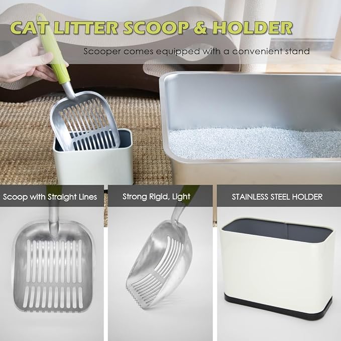 Large Aluminum Cat Litter Scoop with Holder - Heavy Duty Kitty Metal Scooper & Speed Sifter with Comfortable Grip - Stainless Steel Scooper Stand for Cat Litter Box