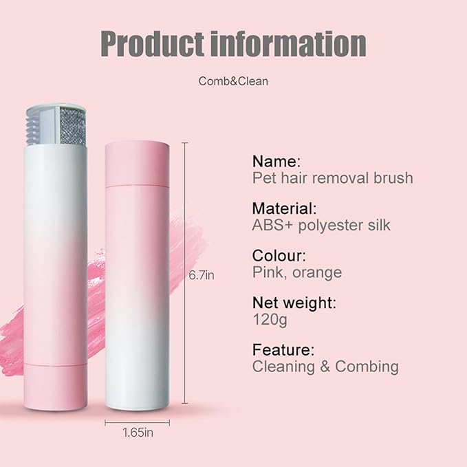 2-in-1 Double Sided Pet Hair Remover Brush - Grooming & Cleaning Tool for Cats Dogs, Static Adsorption Fur Remover for Furniture, Sofa, Car Seat, Clothes, 120g Ultra-Lightweight (Pink)