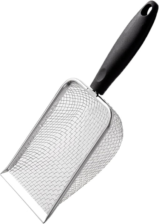 HLMOptimo Cat Litter Scoop Stainless Steel Mesh Scooper Long Handle Deep Shovel Non-Stick Coated Metal Litter Scoop for Litter Box Kitten Pooper Lifter (Black, 3.8 mm mesh)