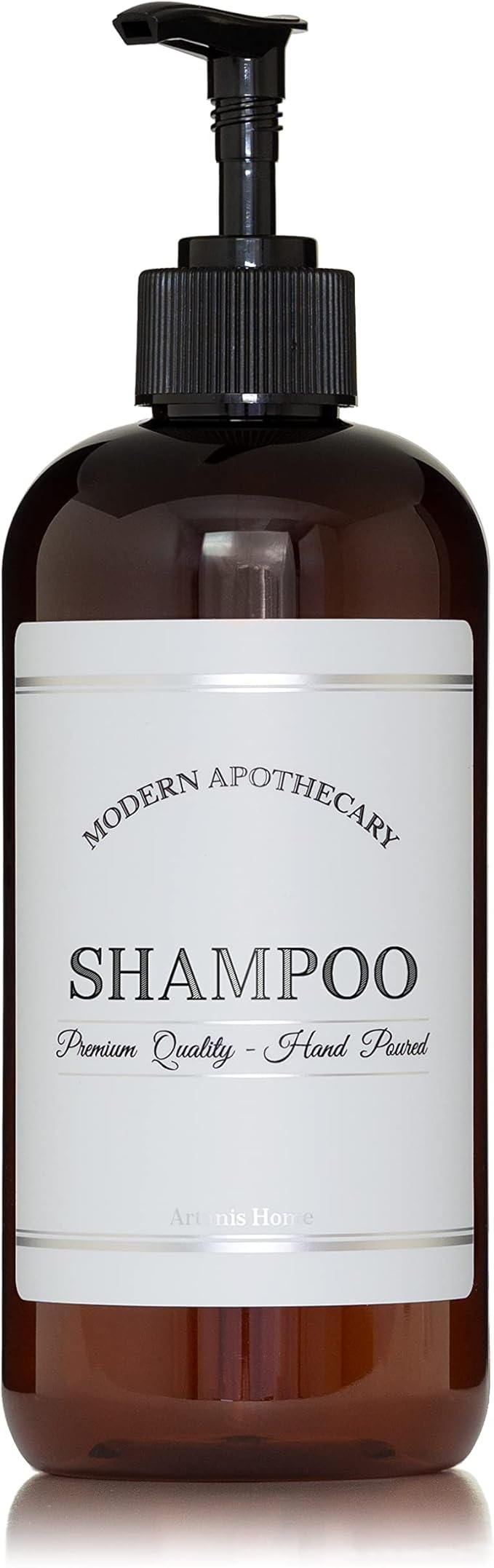 Amber PET Plastic Refillable Shampoo Pump Bottle Dispenser with Black Plastic Pump, 16 oz Bathroom Bottle with Chrome Accent Waterproof Modern Apothecary Labels, Reusable Shower Container