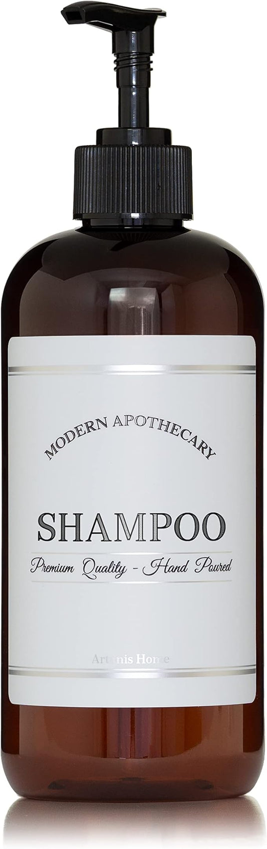 Amber PET Plastic Refillable Shampoo Pump Bottle Dispenser with Black Plastic Pump, 16 oz Bathroom Bottle with Chrome Accent Waterproof Modern Apothecary Labels, Reusable Shower Container