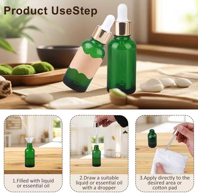 1 oz Dropper Bottles for Essential Oils，12Pack Green Glass Bottles with Glass Eye Dropper Leak Proof Travel Dispenser Bottle for Essential Oils,tincture, Aromatherapy, Chemistry Lab Chemicals