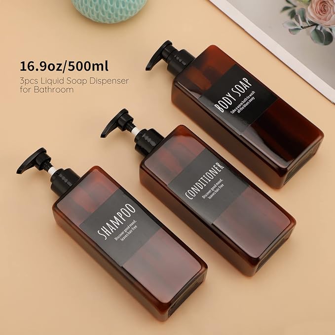16.9oz Shampoo Bottles, Segbeauty 3pcs 500ml Pump Press Shower Containers with Labels, Empty Refillable Shampoo Body Soap Conditioner Shower Gel Plastic Bathroom Press Lotion Dispenser Amber