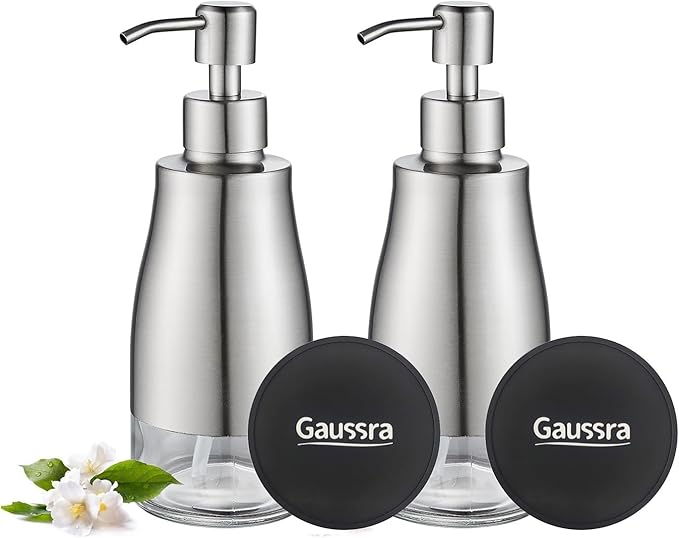 Gaussra 2 Pack Soap Dispenser with Coaster and Stickers, Stainless Steel Case Glass Liner Hand Pump Dispenser, Refillable Liquid Hand Soap Dispenser for Bathroom & Kitchen - Brushed Nickel