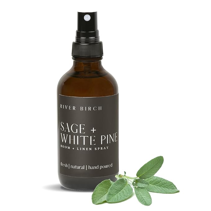 River Birch Luxury Linen and Room Spray - Sage + White Pine Home Signature Scent - Room Fragrance Spray - Fragrant Fresh Linen Air Freshener For Bedding - Handmade in Texas - 4 oz Glass Amber Bottle