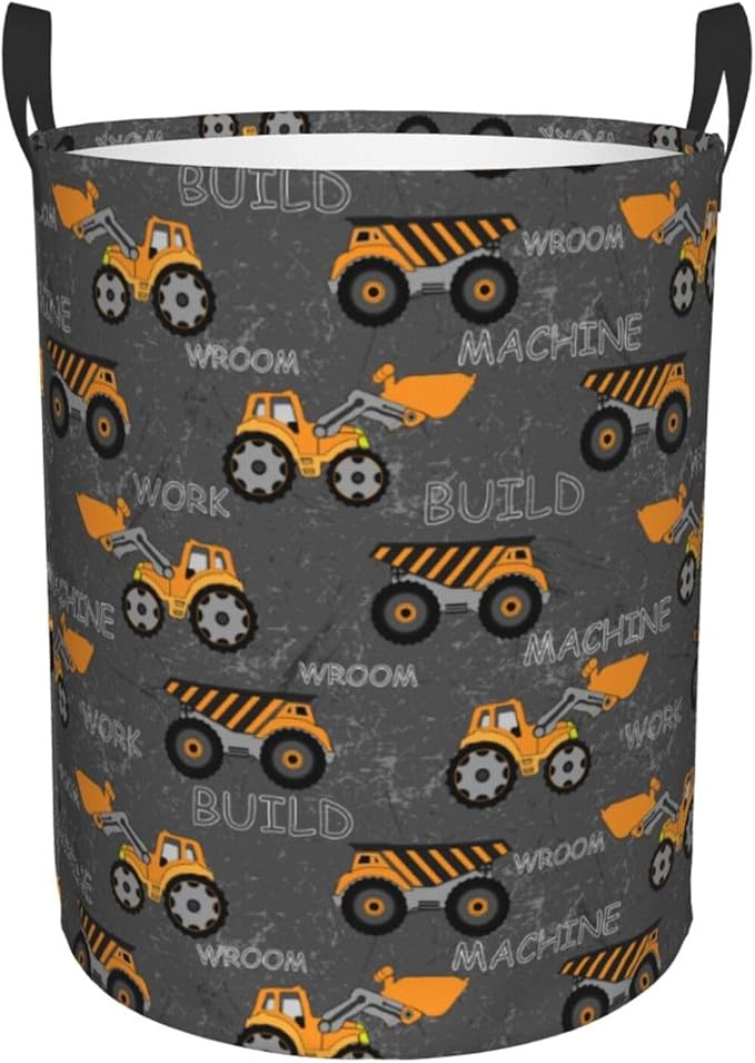 Cute Excavator Engineering Vehicle Laundry Hamper Bag With Waterproof Liner - Round Laundry Basket Foldable Clothes Storage Organizer For Bathroom Bedroom Nursery Dorm, S-16.5"X 13.8"