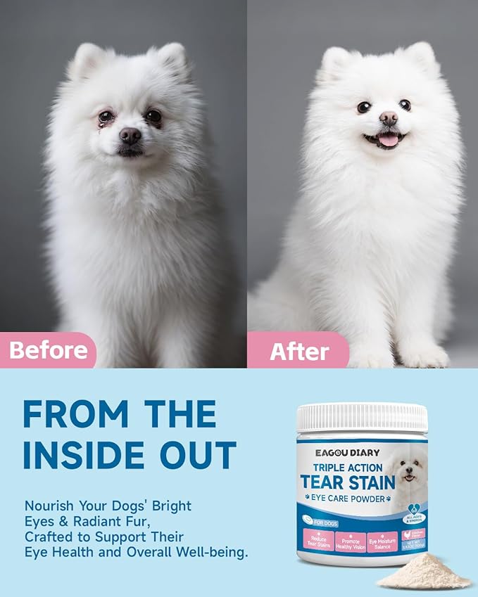 Dog Tear Stain Supplement - Tear Stain Remover for Dogs, Prevent & Eliminate Tear Stains, Eye Health & White Fur Care, Lutein,Chamomile, Vitamin, Probiotic, 100g, Chicken Flavor, Daily Supplement