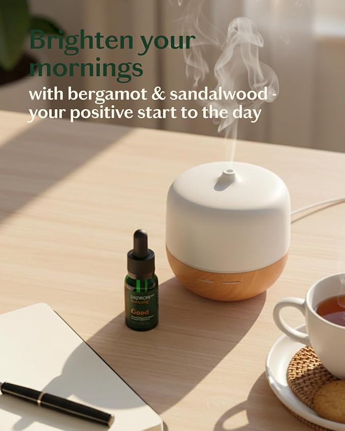 LIVEDROPS 24/7 Good Essential Oil Blend Bergamot Palmarosa Sandalwood | Daytime Aromatherapy for Positivity Focus Happiness | Skin-Safe Diffuser Oil French Perfumers Vegan Dermatologist Tested 10m
