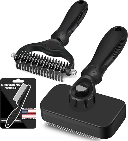 3PCS Self Cleaning Slicker Brush & Pet Grooming Rake & Flea Comb for Dogs,Cats and Horses | Double-Sided Dematting Comb & Skin Friendly Deshedding Grooming Tool | Premium Pet Supplies (Black)