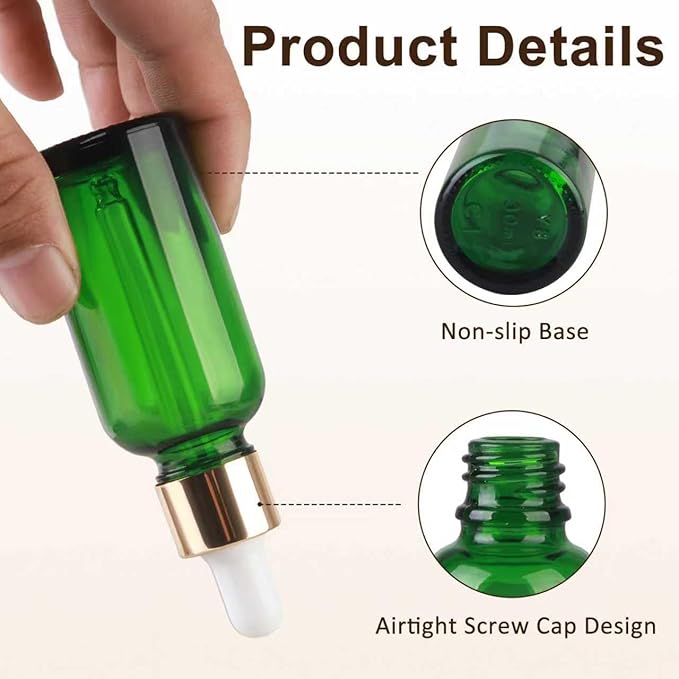 1 oz Dropper Bottles for Essential Oils，12Pack Green Glass Bottles with Glass Eye Dropper Leak Proof Travel Dispenser Bottle for Essential Oils,tincture, Aromatherapy, Chemistry Lab Chemicals