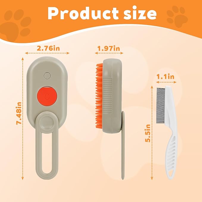 2025- New cat steam brush, 4-in-1 cat steam brush, for massaging and cleaning fallen pet hair, suitable for cats, dogs, rabbits and other pets (khaki + white) -2 pieces (Khaki color)