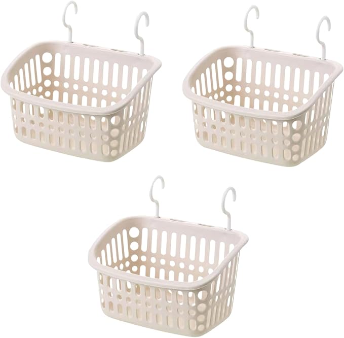 3PCS Plastic Hanging Baskets for Shower, Organizer With Hooks, Rectangle 10.6Inches Small Storage Basket (Beige)