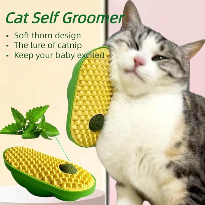 Self Grooming Tool with Catnip, Wall Corner Scratcher, Massage Brush for Long & Short Fur Cats and Puppies